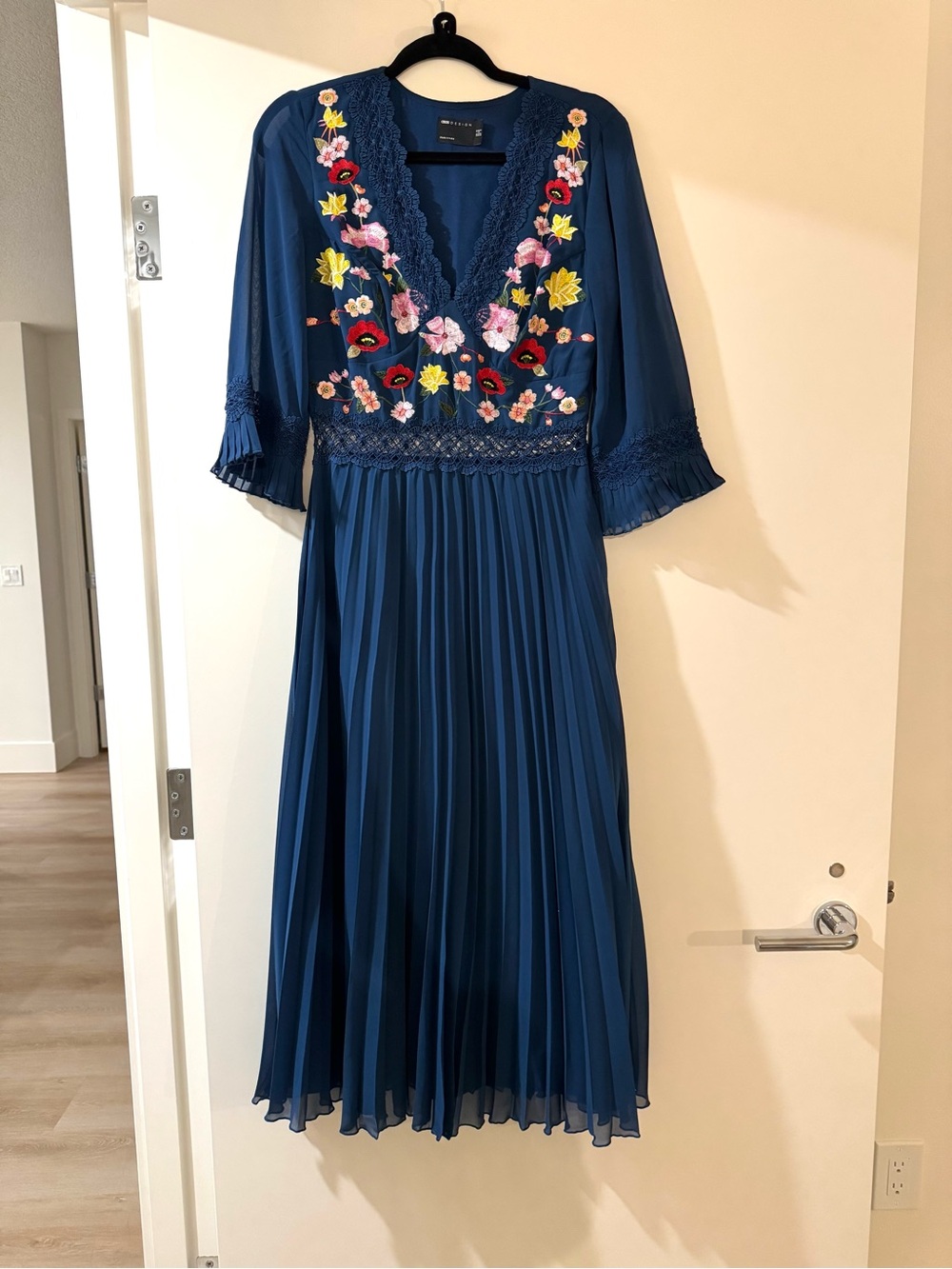 ASOS Deep Teal Pleated Midi Dress with Multicolor Floral Embroidery